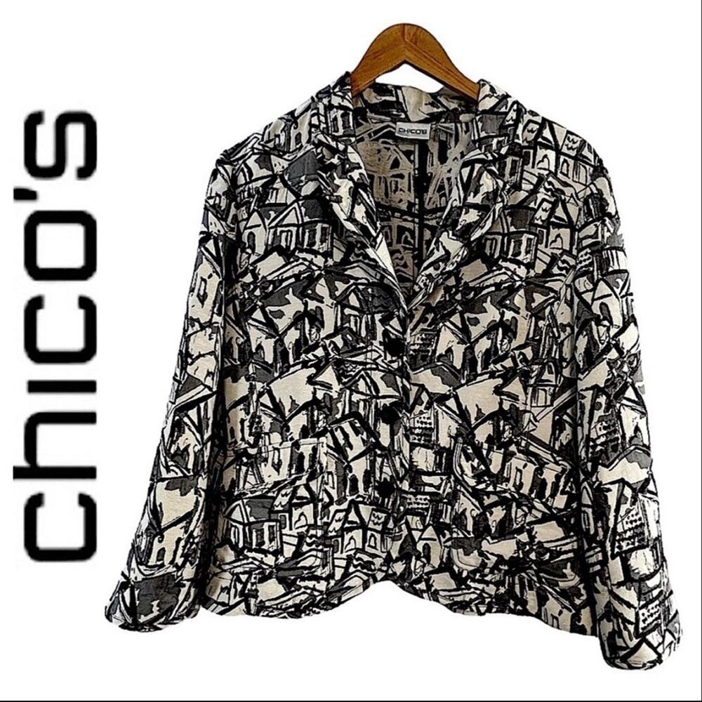 CHICOS Silk Black and Ivory print unlined Blazer SZ 1